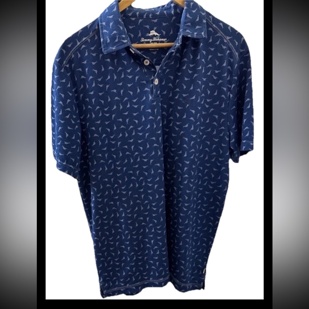 Tommy Bahama Men MPolo Supima Cotton Blend Short Sleeve Navy Graphic Marlin Fish